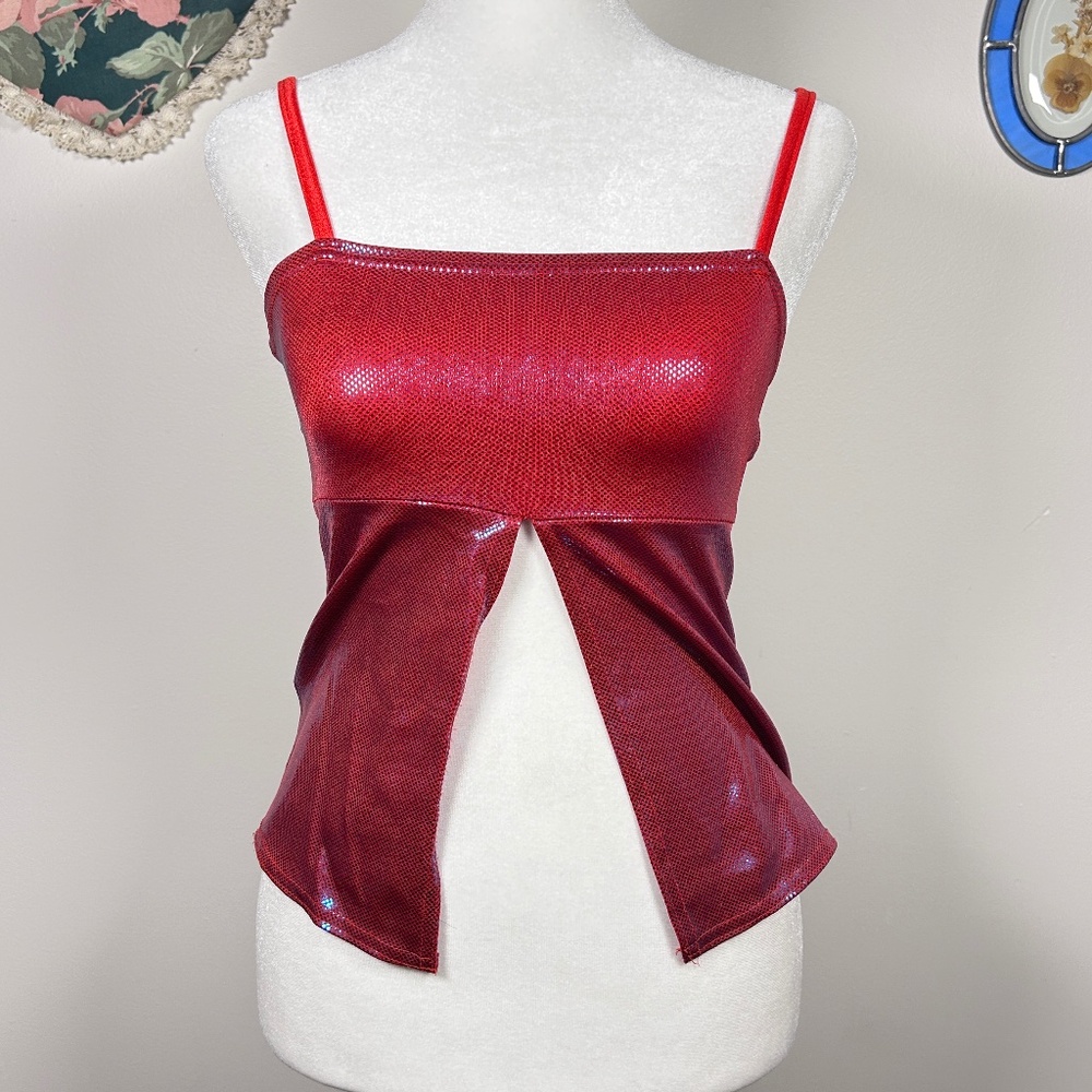 Y2K Red Metallic Split Front Cami Top